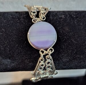 Purple Banded Agate and Silver Wire Work Bracelet 7 In
